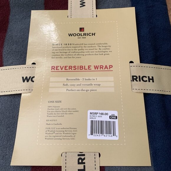 Woolrich Reversible Blanket Wrap Womens Shawl Burgundy Stripe NWT - Picture 2 of 4